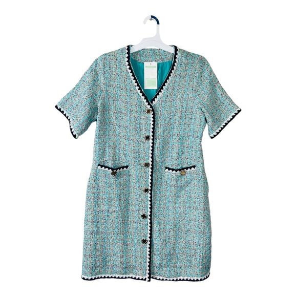 NWT LifeShe Tweed Jackie Button Up V Neck Short Sleeve Mini Dress Blue Lined L - Picture 2 of 14